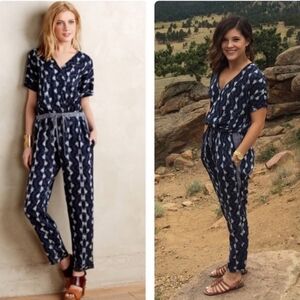 Velvet by Graham & Spencer Anthropologie Womens Cady Jumpsuit V-Neck Navy‎ M